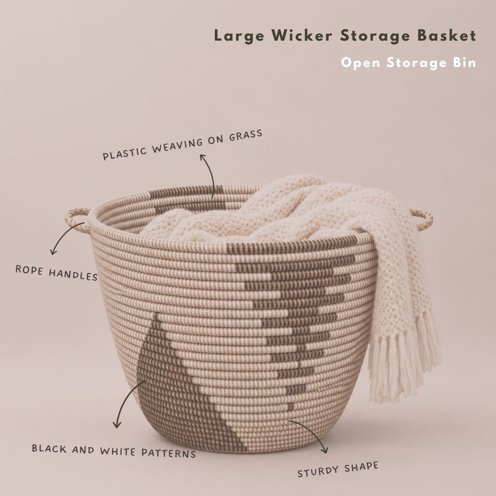 Large Wicker Storage Basket with Handles, Black & White, 20" Wide, 14" Tall