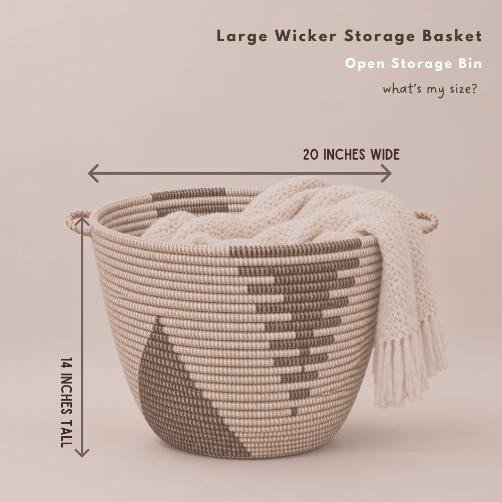 Large Wicker Storage Basket with Handles, Black & White, 20" Wide, 14" Tall