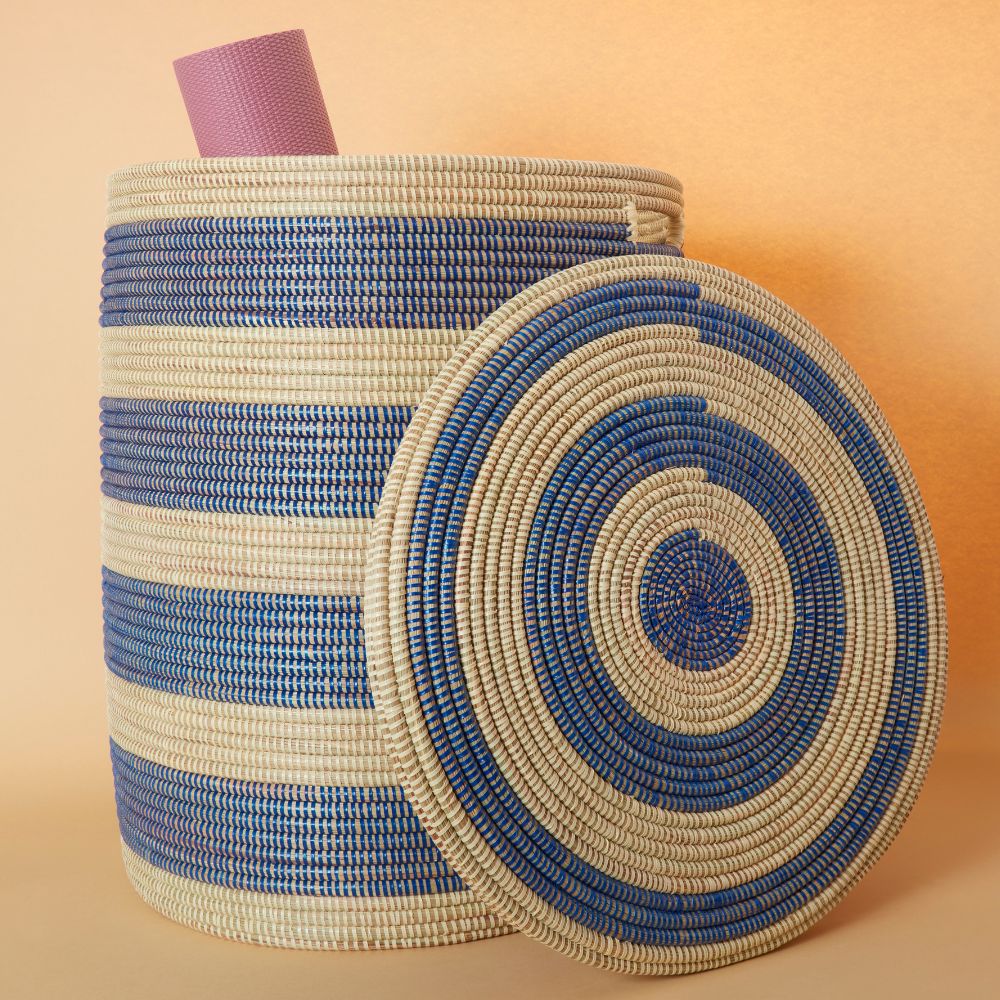 Storage & Organization - Baskets, Laundry Hamper, Nursery Toys Bin, Living Room Blankets Storage, Decorative, Wicker, Sturdy, Round, Handles, Woven, Navy Blue