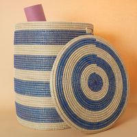 Storage & Organization - Baskets, Laundry Hamper, Nursery Toys Bin, Living Room Blankets Storage, Decorative, Wicker, Sturdy, Round, Handles, Woven, Navy Blue