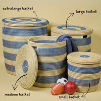 Storage & Organization - Baskets, Laundry Hamper, Nursery Toys Bin, Living Room Blankets Storage, Decorative, Wicker, Sturdy, Round, Handles, Woven, Navy Blue