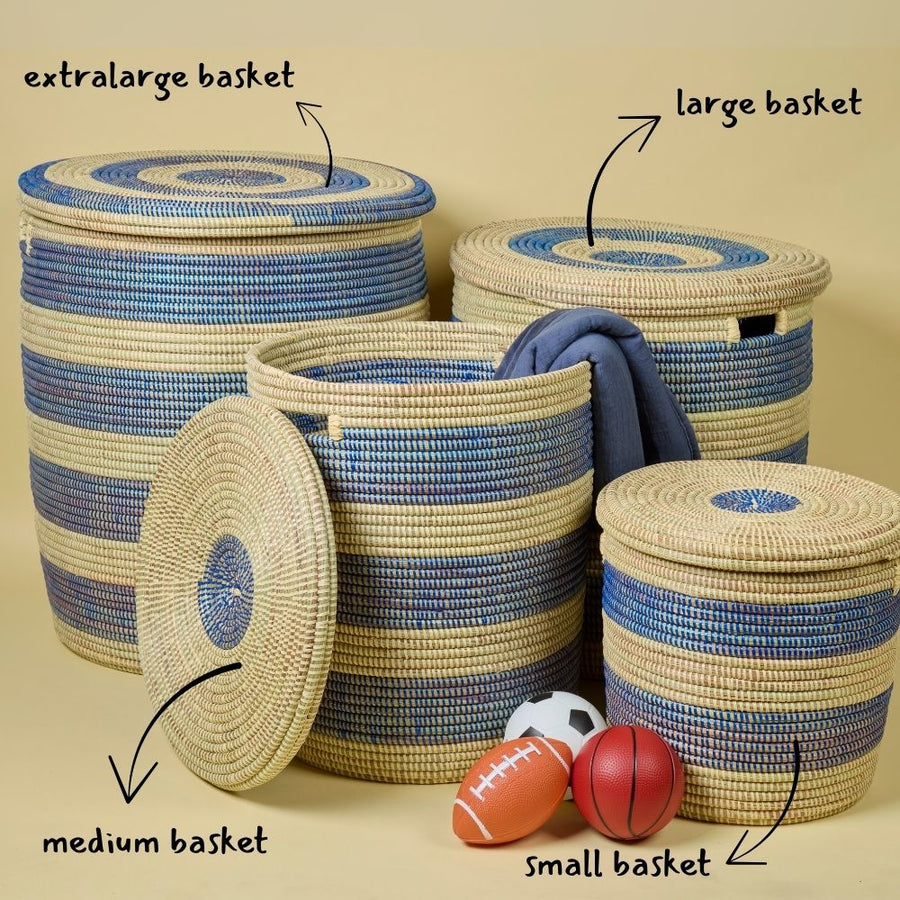 Storage & Organization - Baskets, Laundry Hamper, Nursery Toys Bin, Living Room Blankets Storage, Decorative, Wicker, Sturdy, Round, Handles, Woven, Navy Blue