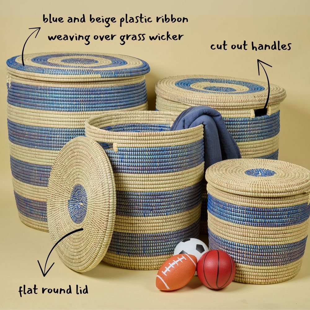 Storage & Organization - Baskets, Laundry Hamper, Nursery Toys Bin, Living Room Blankets Storage, Decorative, Wicker, Sturdy, Round, Handles, Woven, Navy Blue