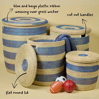 Storage & Organization - Baskets, Laundry Hamper, Nursery Toys Bin, Living Room Blankets Storage, Decorative, Wicker, Sturdy, Round, Handles, Woven, Navy Blue
