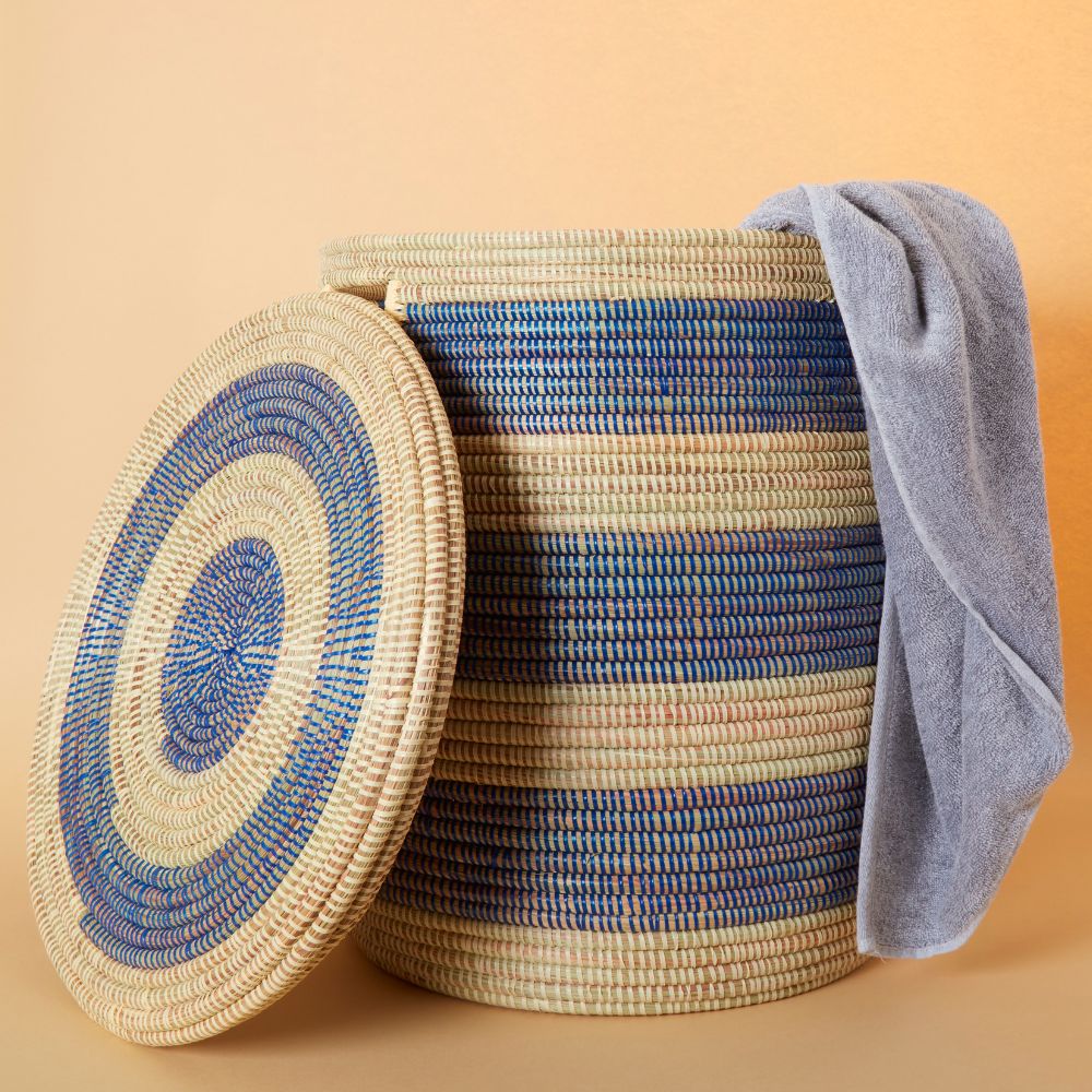 Storage & Organization - Baskets, Laundry Hamper, Nursery Toys Bin, Living Room Blankets Storage, Decorative, Wicker, Sturdy, Round, Handles, Woven, Navy Blue