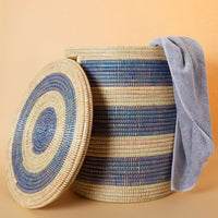 Storage & Organization - Baskets, Laundry Hamper, Nursery Toys Bin, Living Room Blankets Storage, Decorative, Wicker, Sturdy, Round, Handles, Woven, Navy Blue