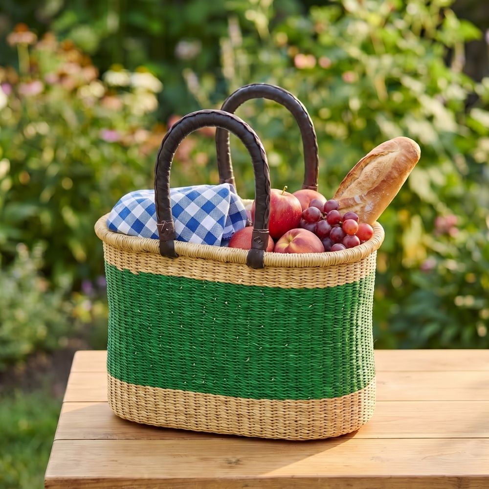 Color Block African Market Basket with Leather Handles, 12 Inch Wide
