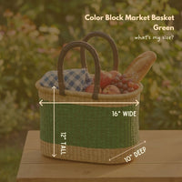 Color Block African Market Basket with Leather Handles, 12 Inch Wide