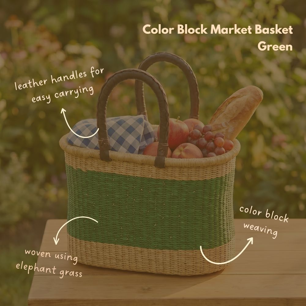 Color Block African Market Basket with Leather Handles, 12 Inch Wide