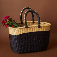 Color Block African Market Basket with Leather Handles, 12 Inch Wide