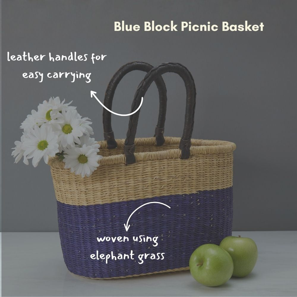 Color Block African Market Basket with Leather Handles, 12 Inch Wide