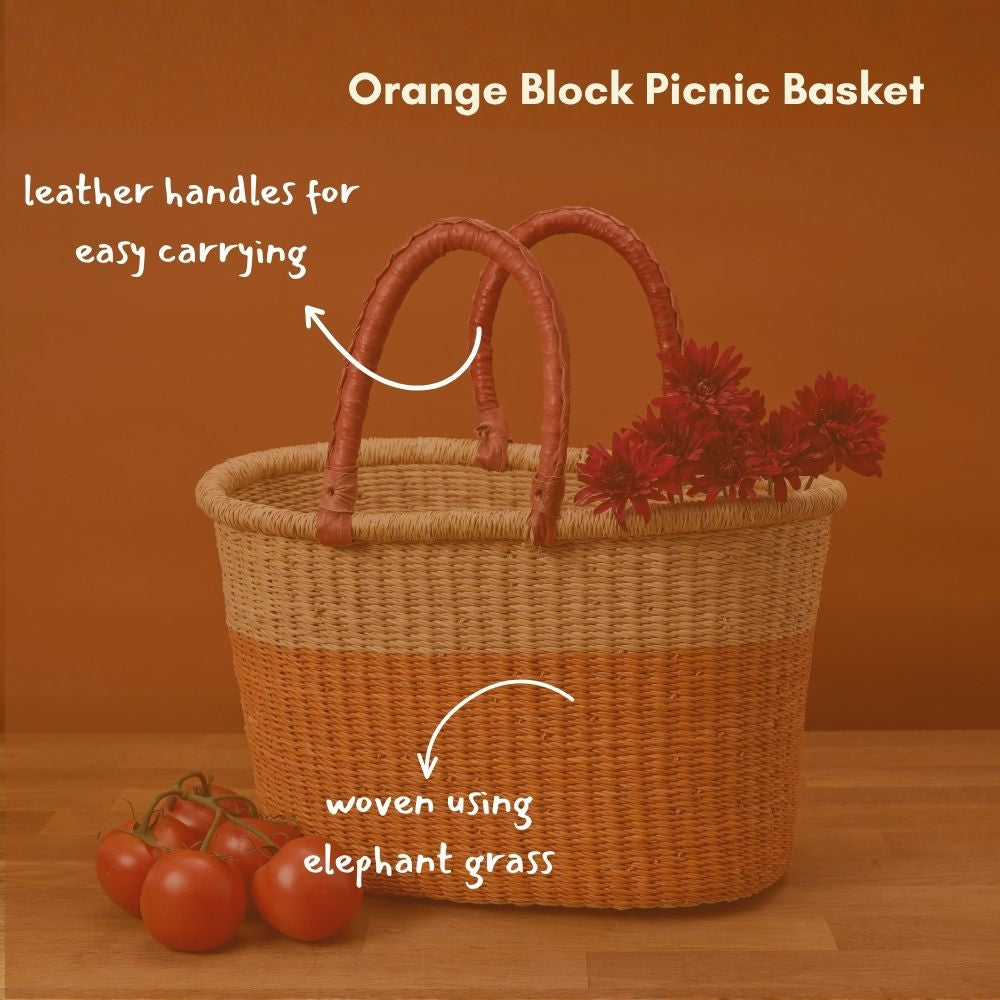Color Block African Market Basket with Leather Handles, 12 Inch Wide