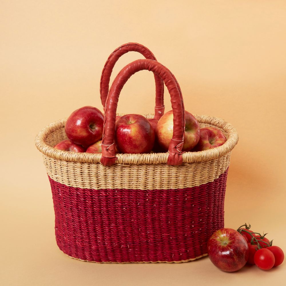 Color Block African Market Basket with Leather Handles, 12 Inch Wide