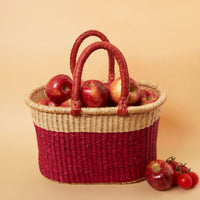 Color Block African Market Basket with Leather Handles, 12 Inch Wide