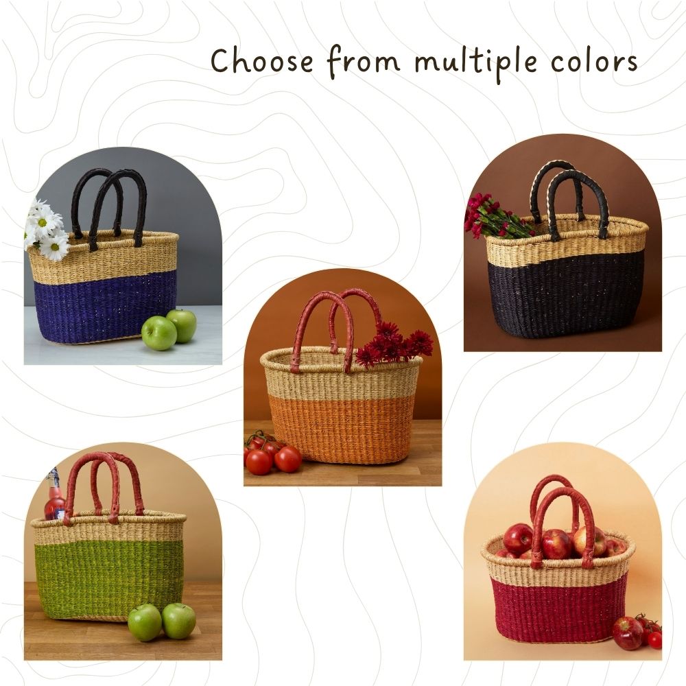 Color Block African Market Basket with Leather Handles, 12 Inch Wide