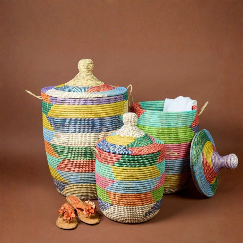 Colorful Wicker Storage Baskets with Hooded Lids