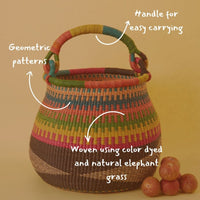 Boho Pot Shape Picnic Basket, Home & Kitchen Decor, Wicker Basket, Living Room Basket, Harvesting, Foraging, Gathering, Fruit Storage, Woven, 16" Wide