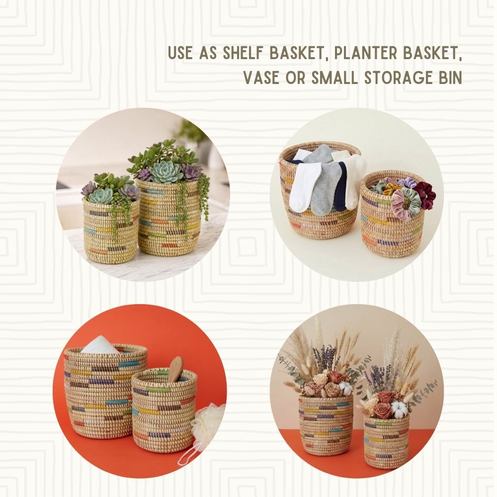 Small Decorative Woven Bins, Beige Colorful, Set of 2