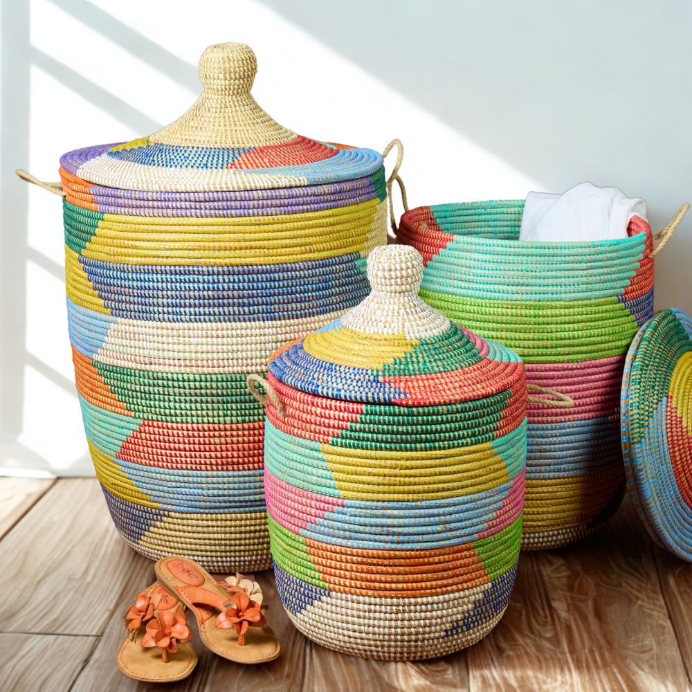 Decorative Wicker Baskets with Lid & Handles, Laundry Hamper, Blanket Storage, Toy Bin, African Woven, Hood Lid, Colorful, Set of 3