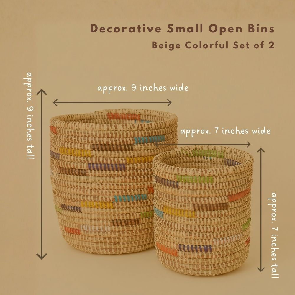 Small Decorative Woven Bins, Beige Colorful, Set of 2