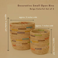 Small Decorative Woven Bins, Beige Colorful, Set of 2