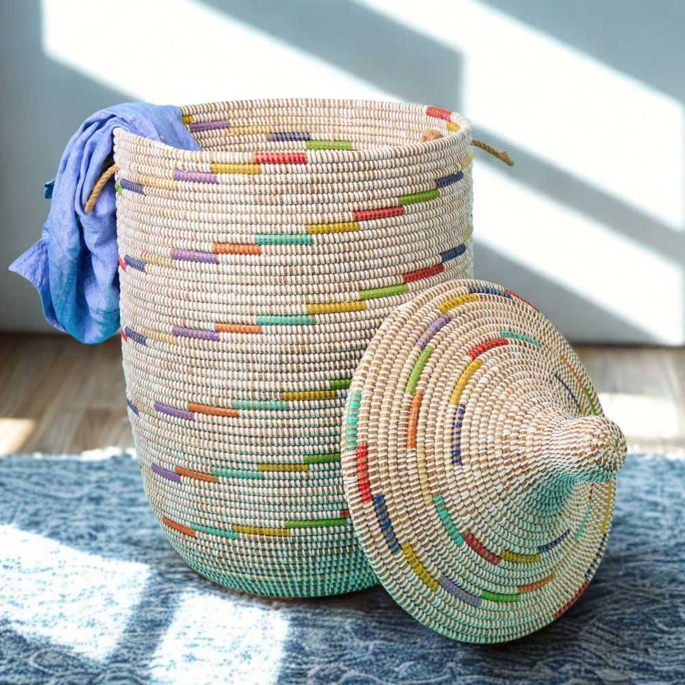 Decorative Wicker Basket with Lid & Handles, Laundry Hamper, Blanket Storage, Toy Bin, African Woven, Hood Lid, White Colorful, Large Size
