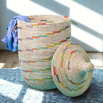 Decorative Wicker Basket with Lid & Handles, Laundry Hamper, Blanket Storage, Toy Bin, African Woven, Hood Lid, White Colorful, Large Size