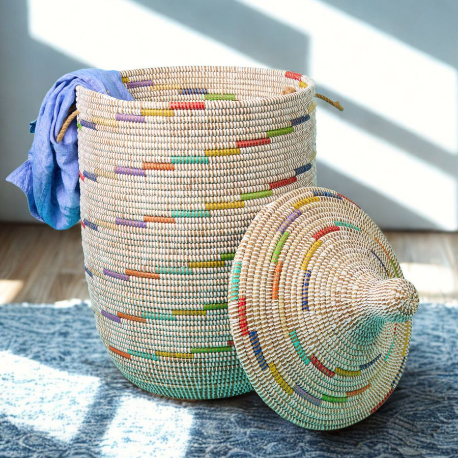 Decorative Wicker Basket with Lid & Handles, Laundry Hamper, Blanket Storage, Toy Bin, African Woven, Hood Lid, White Colorful, Large Size