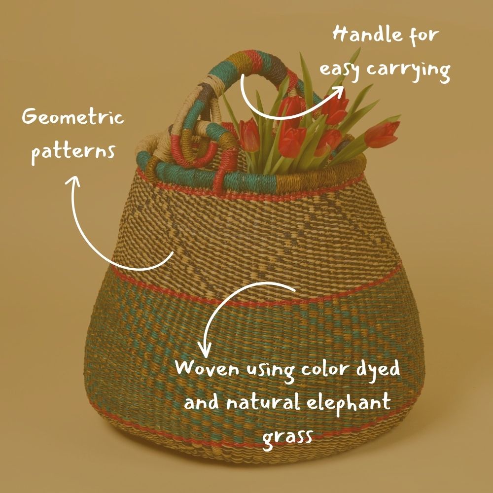 Boho Pot Shape Picnic Basket, Home & Kitchen Decor, Wicker Basket, Living Room Basket, Harvesting, Foraging, Gathering, Fruit Storage, Woven, 16" Wide