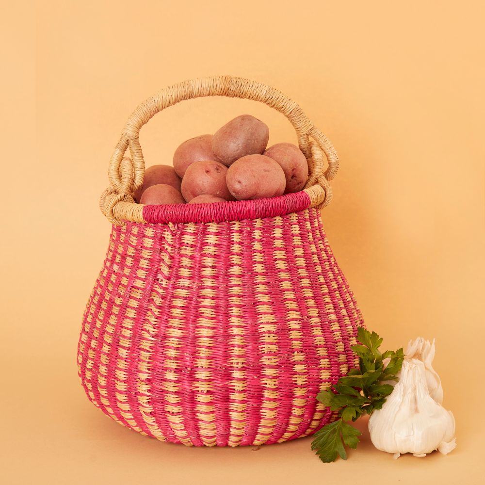 Small Bolga Pot Basket, 9" W, Decorative Bowls, Storage, Harvesting, Gardening, Foraging, Fruit Picking, Hand Woven, Boho Patterns, African, Made in Ghana