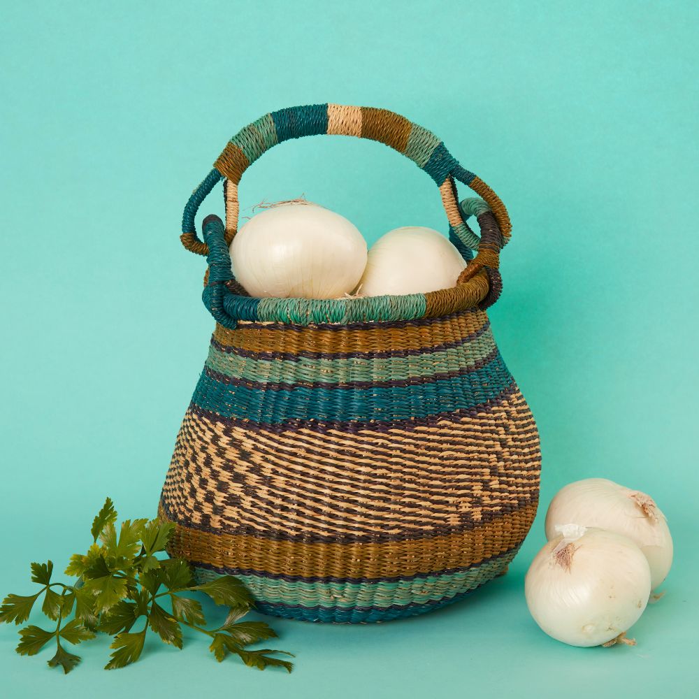 Small Bolga Pot Basket, 9" W, Decorative Bowls, Storage, Harvesting, Gardening, Foraging, Fruit Picking, Hand Woven, Boho Patterns, African, Made in Ghana