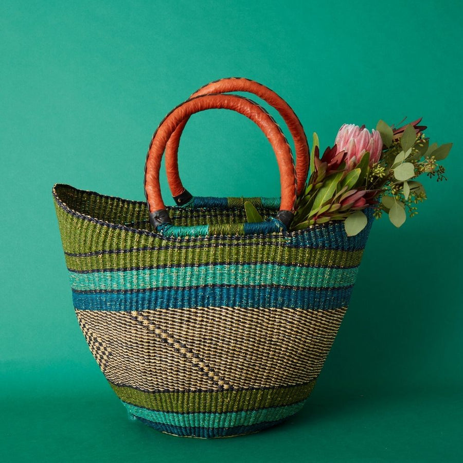 Bolga Market Basket, Large, 16" Wide, Leather Handle, Harvest, Gardening, Picnic, Foraging, Farmers Market, Fruit Picking, Decorative, Hand Woven, Boho Patterns, Africa, Made in Ghana