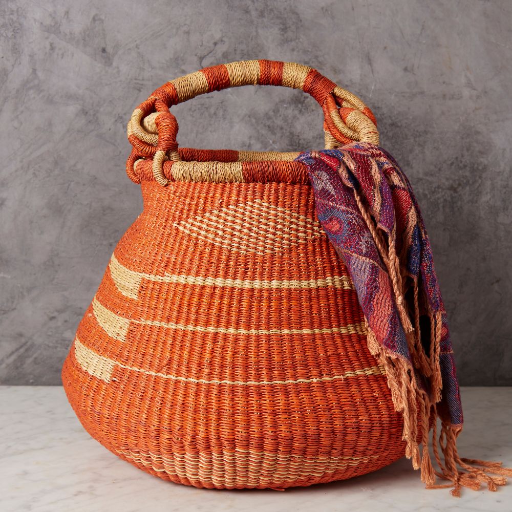 Bolga Pot Basket, Large, 16" Wide, Handle, Harvest, Gardening, Picnic, Foraging, Farmers Market, Fruit Picking, Decorative, Hand Woven, Boho Patterns, Africa, Made in Ghana