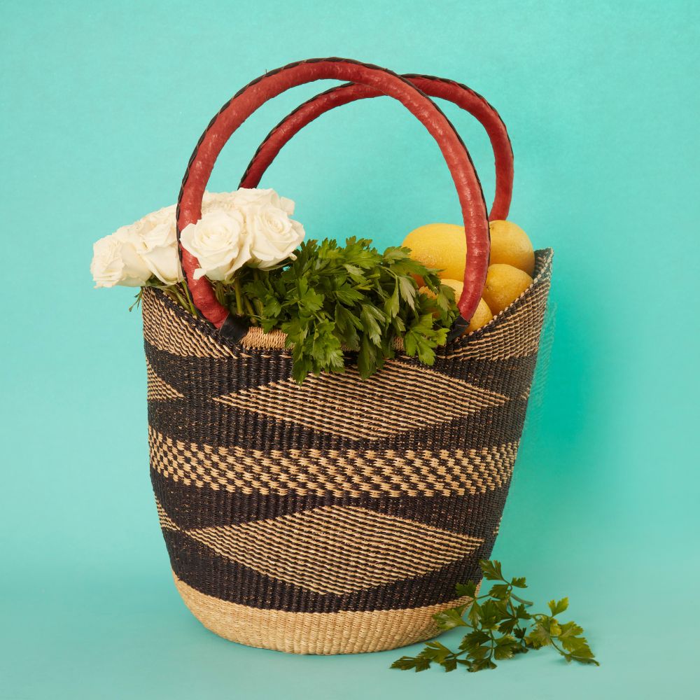 Bolga Market Basket, Large, 16" Wide, Leather Handle, Harvest, Gardening, Picnic, Foraging, Farmers Market, Fruit Picking, Decorative, Hand Woven, Boho Patterns, Africa, Made in Ghana