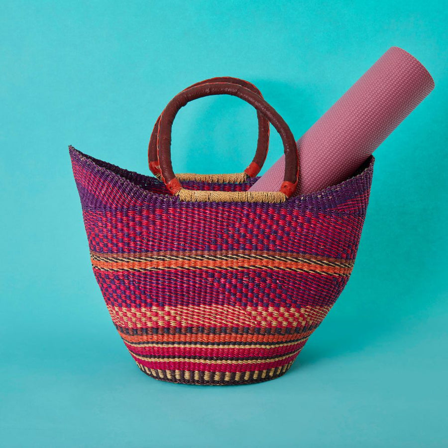 Bolga Market Basket, Large, 16" Wide, Leather Handle, Harvest, Gardening, Picnic, Foraging, Farmers Market, Fruit Picking, Decorative, Hand Woven, Boho Patterns, Africa, Made in Ghana