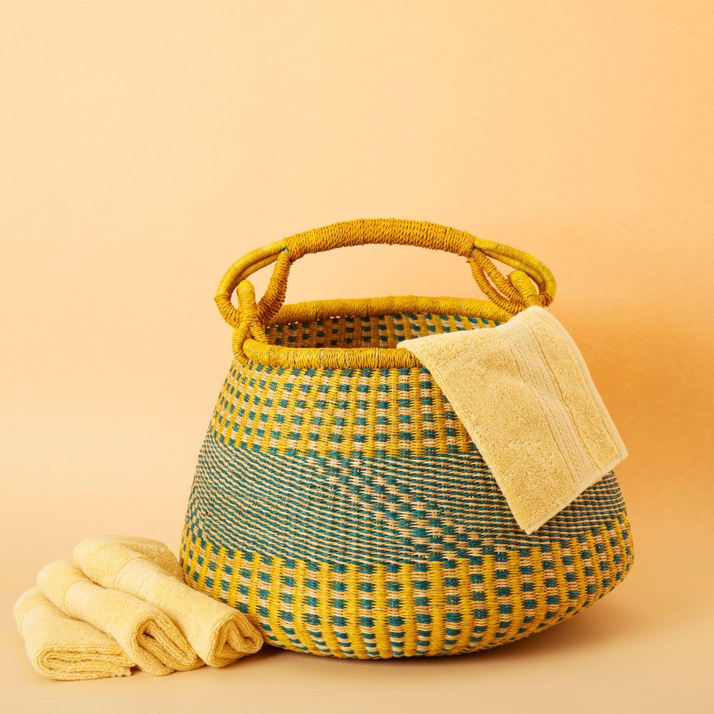 Bolga Pot Basket, Large, 16" Wide, Handle, Harvest, Gardening, Picnic, Foraging, Farmers Market, Fruit Picking, Decorative, Hand Woven, Boho Patterns, Africa, Made in Ghana