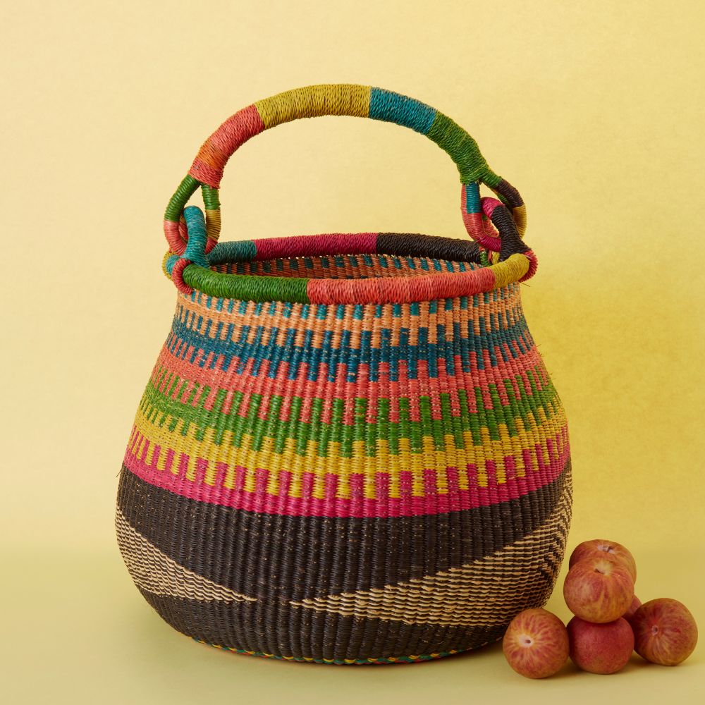 Bolga Pot Basket, Large, 16" Wide, Handle, Harvest, Gardening, Picnic, Foraging, Farmers Market, Fruit Picking, Decorative, Hand Woven, Boho Patterns, Africa, Made in Ghana