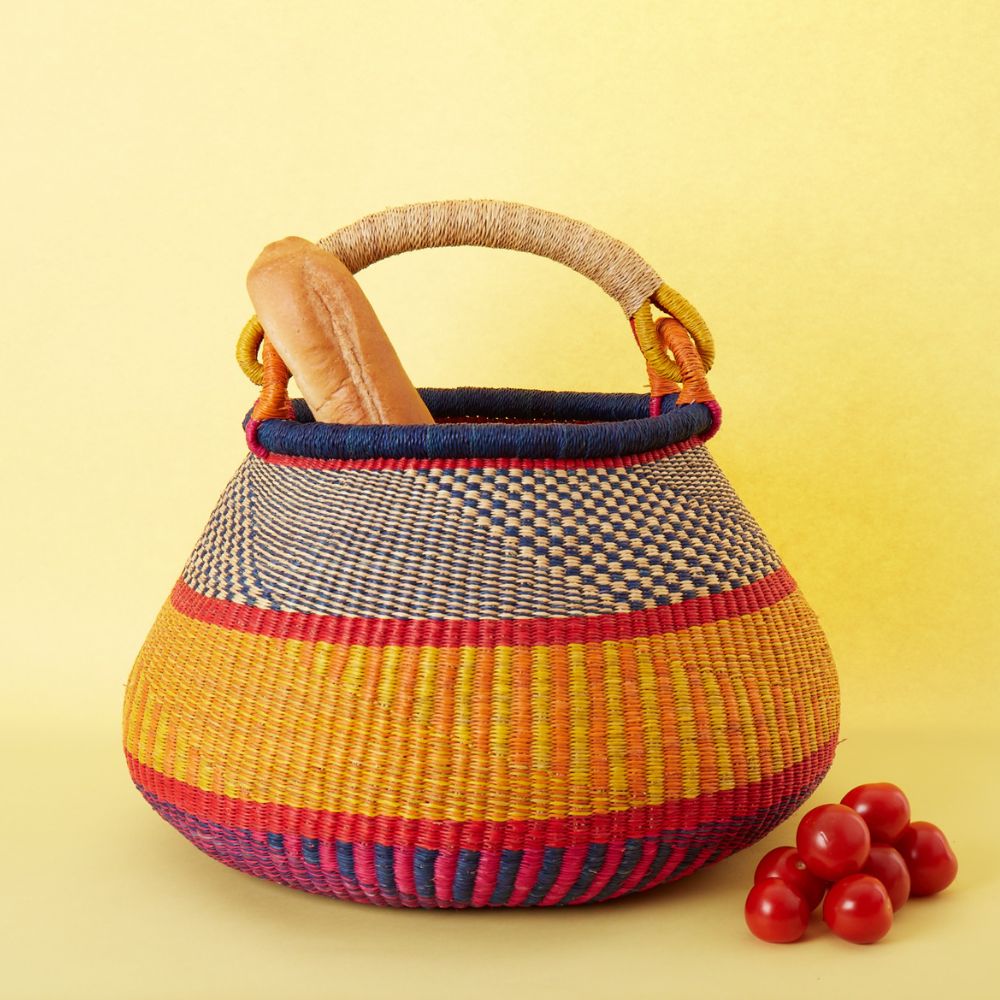 Bolga Pot Basket, Large, 16" Wide, Handle, Harvest, Gardening, Picnic, Foraging, Farmers Market, Fruit Picking, Decorative, Hand Woven, Boho Patterns, Africa, Made in Ghana