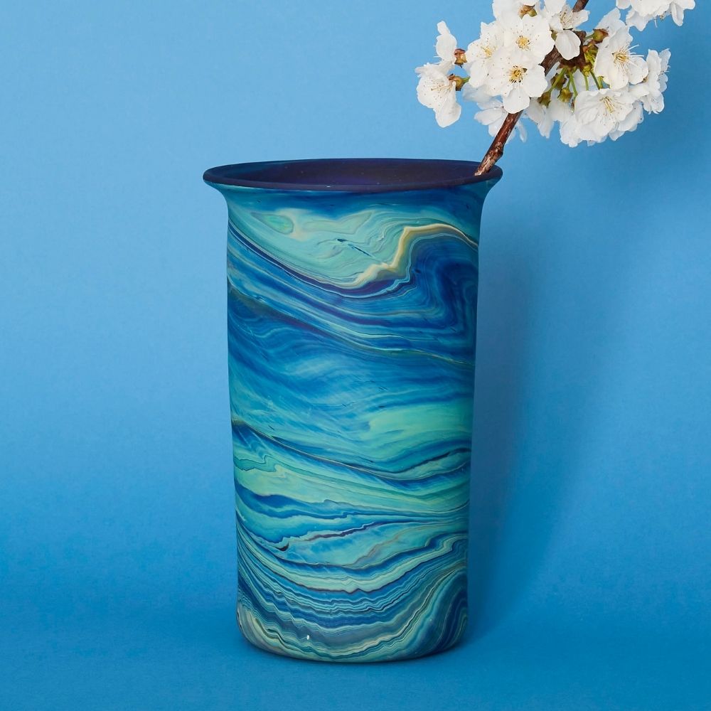 Hebron Glass Blue Swirls Tumbler Vase