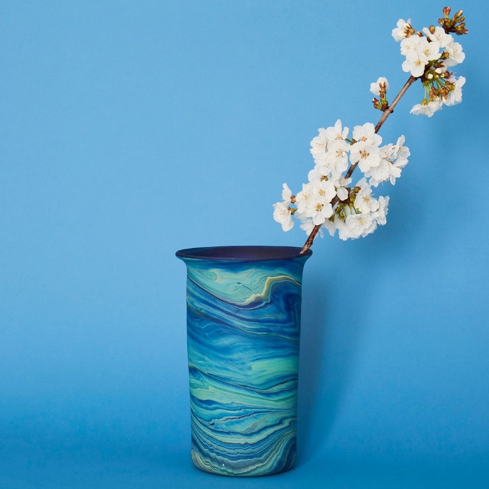 Hebron Glass Blue Swirls Tumbler Vase