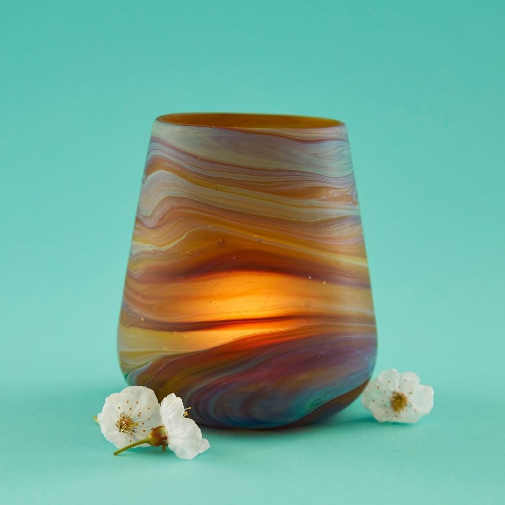 Hebron Glass Small Blue Swirls Tealight Holder