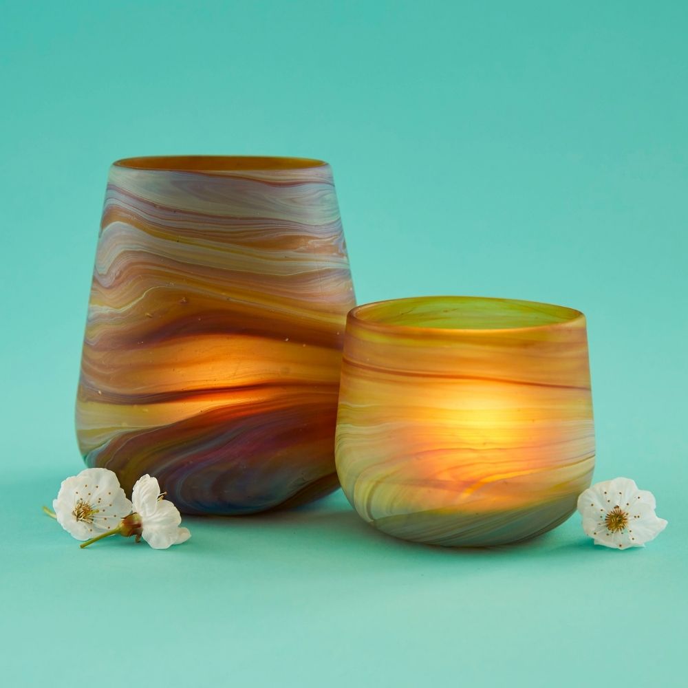 Hebron Glass Mini Blue Swirls Tealight Holder