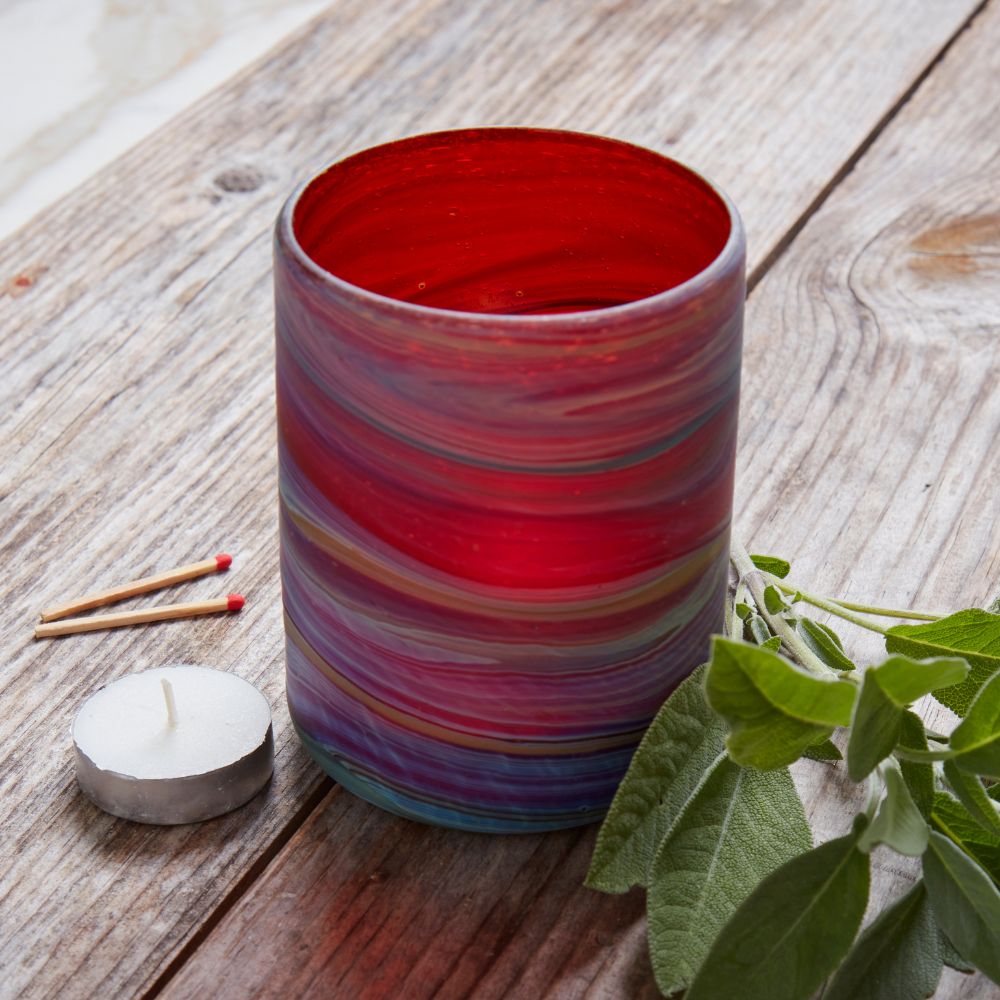 Hebron Glass Small Red Swirls Tealight Holder
