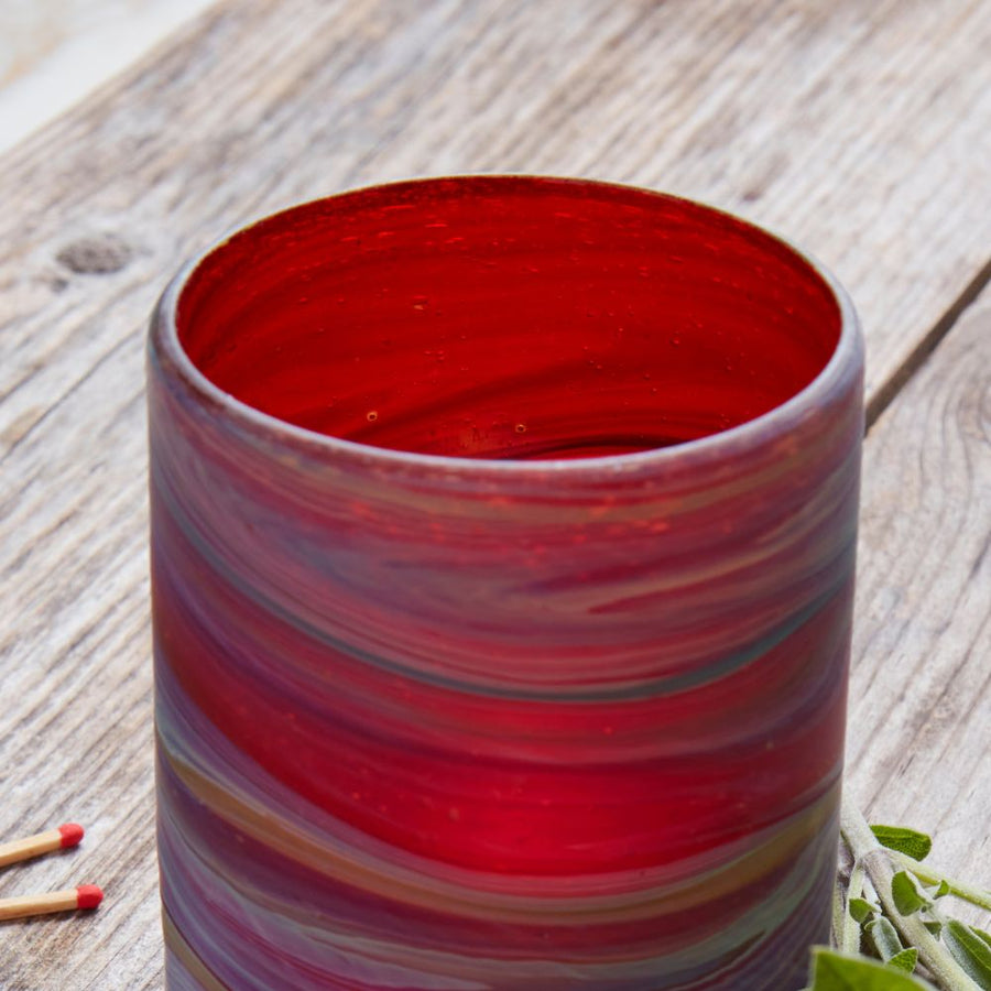 Hebron Glass Small Red Swirls Tealight Holder