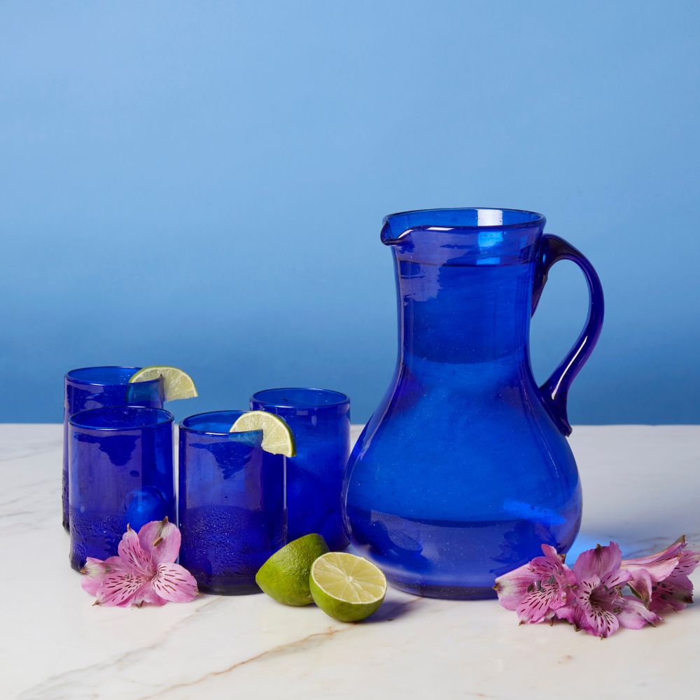 Hebron Glass Blue Water Pitcher Glasses Set