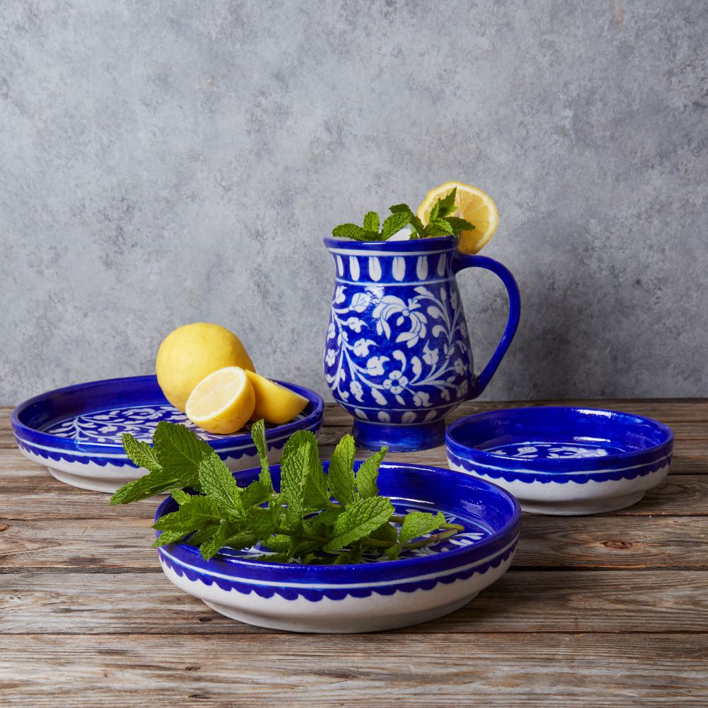 Jaipur Blue Pottery Serving Bowl and Gravy Pitcher Set