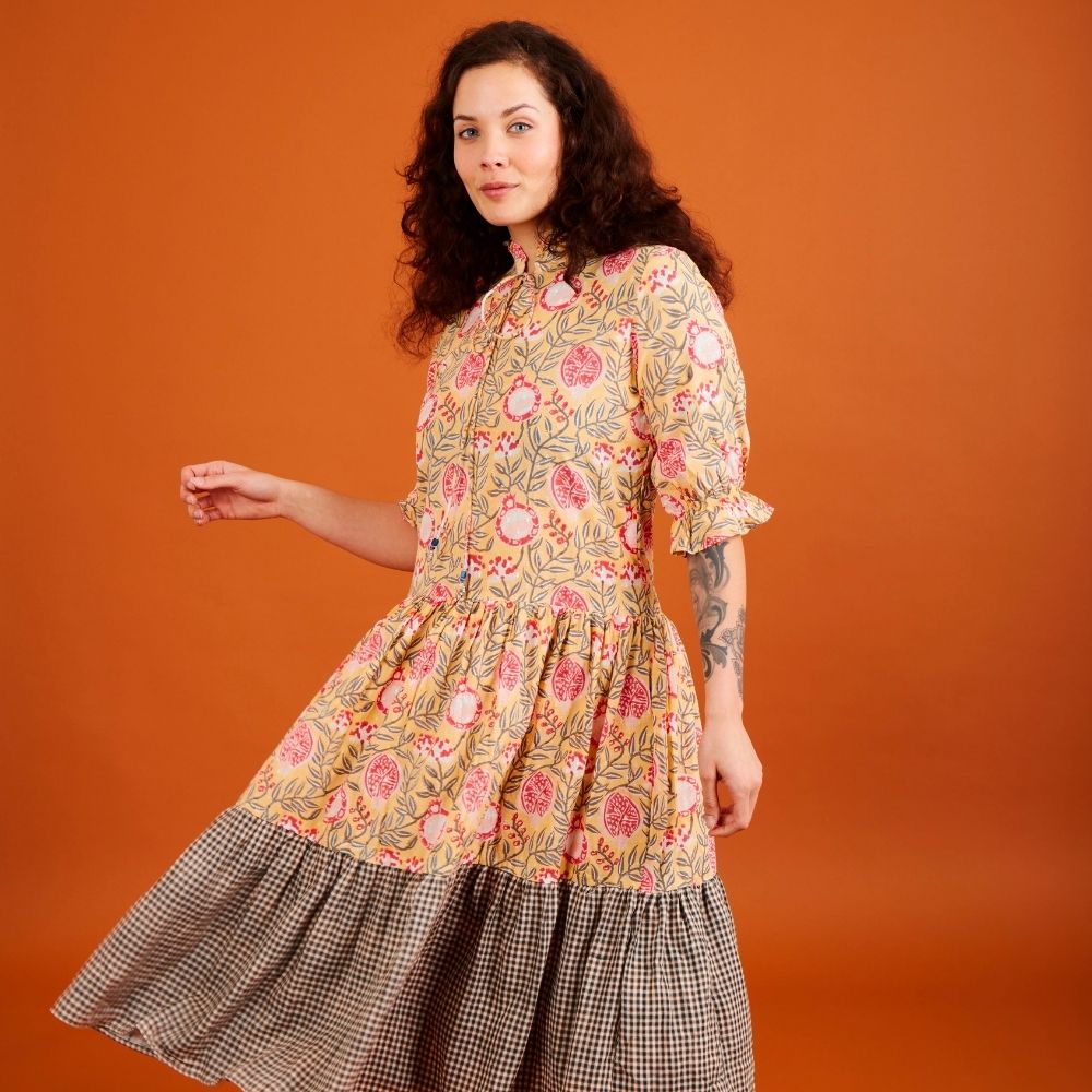 India Pomegranate Print Tiered Midi Dress