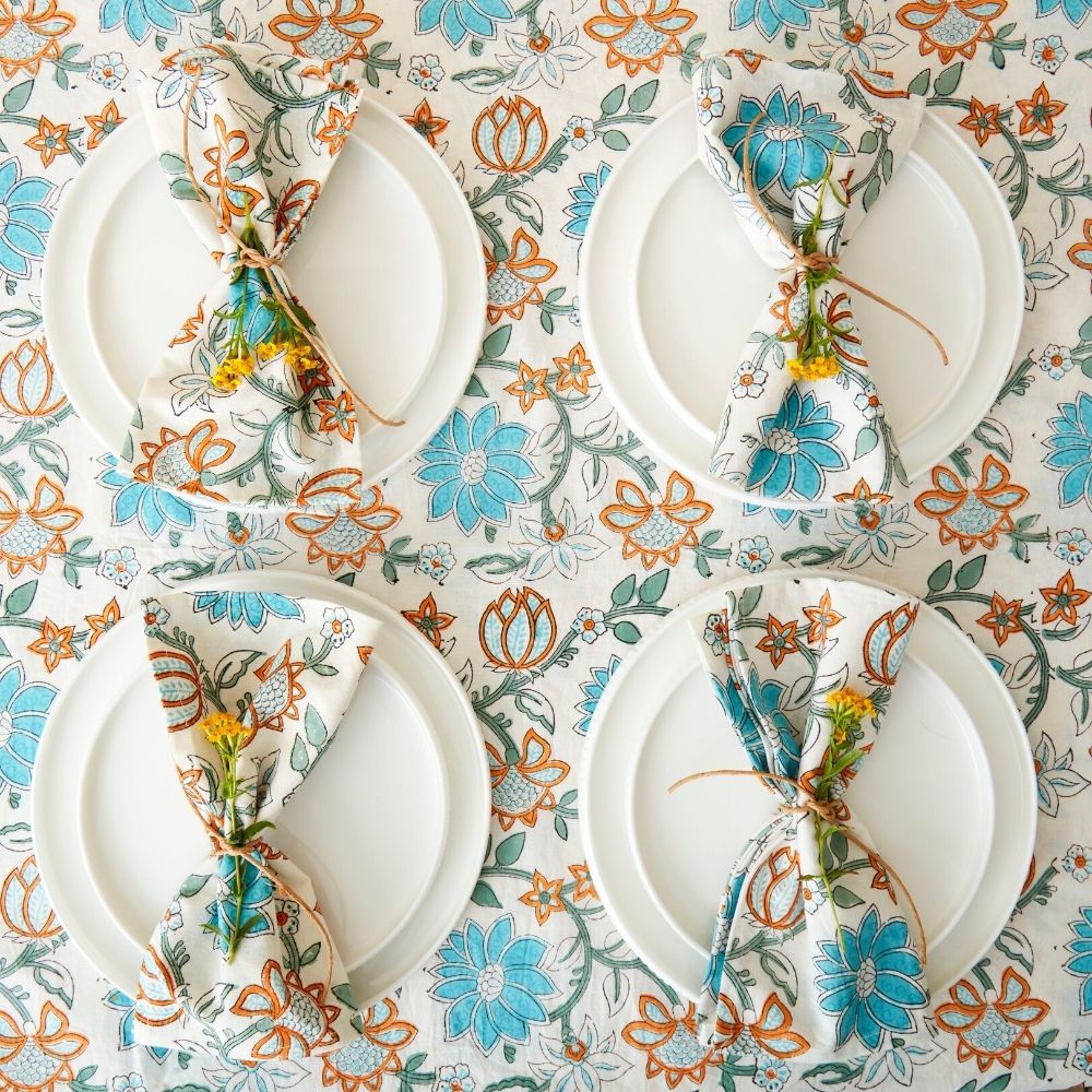 Lotus Vine Block Print 60 x 90 Rectangle Tablecloth Napkin Set