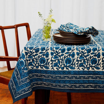 Indigo Vine Block Print 60 x 90 Rectangle Tablecloth Napkin Set