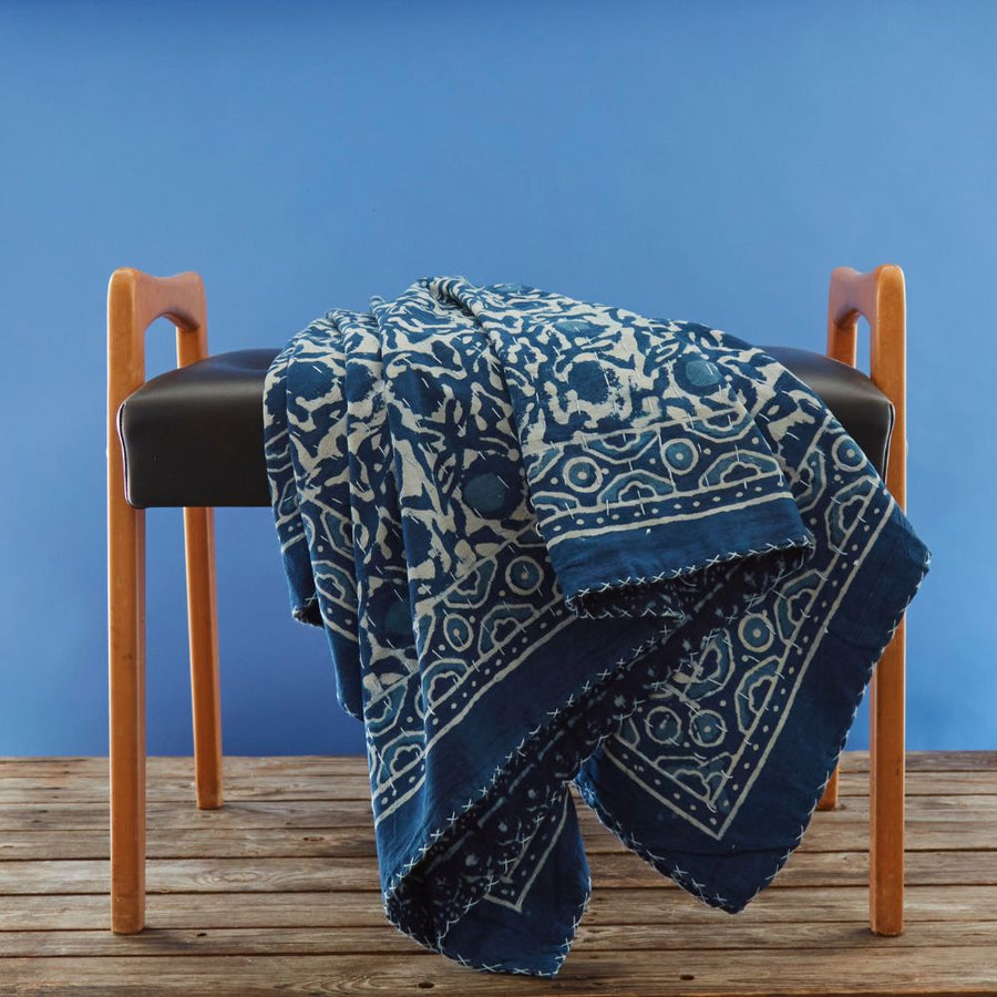 Indigo Vine Block Print Cotton Throw